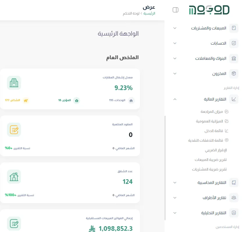 لوحة التحكم وقائمة التقارير المالية في منصة موجود (بيانات توضيحية)